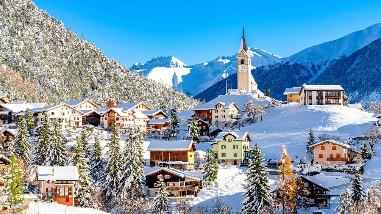 Alpine village covered with snow.
