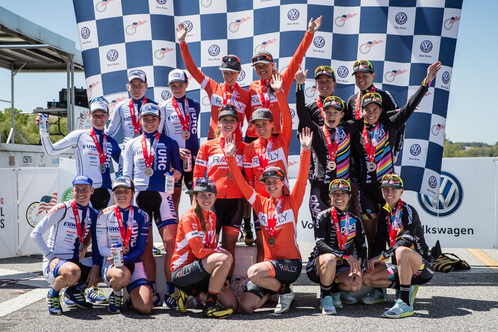 The womens team time trial podium.