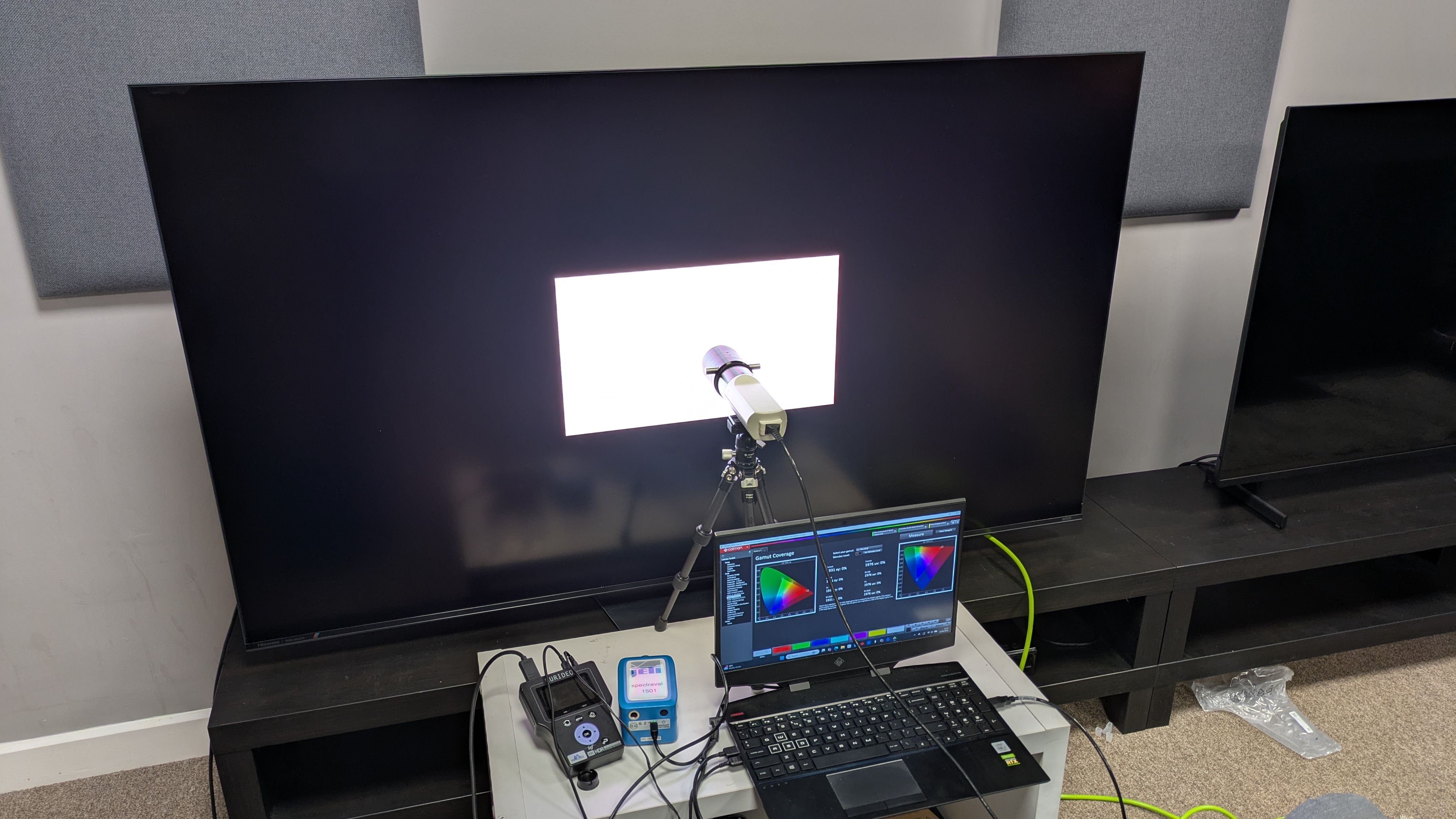 Hisense UR8 with testing equipment attached for measurements