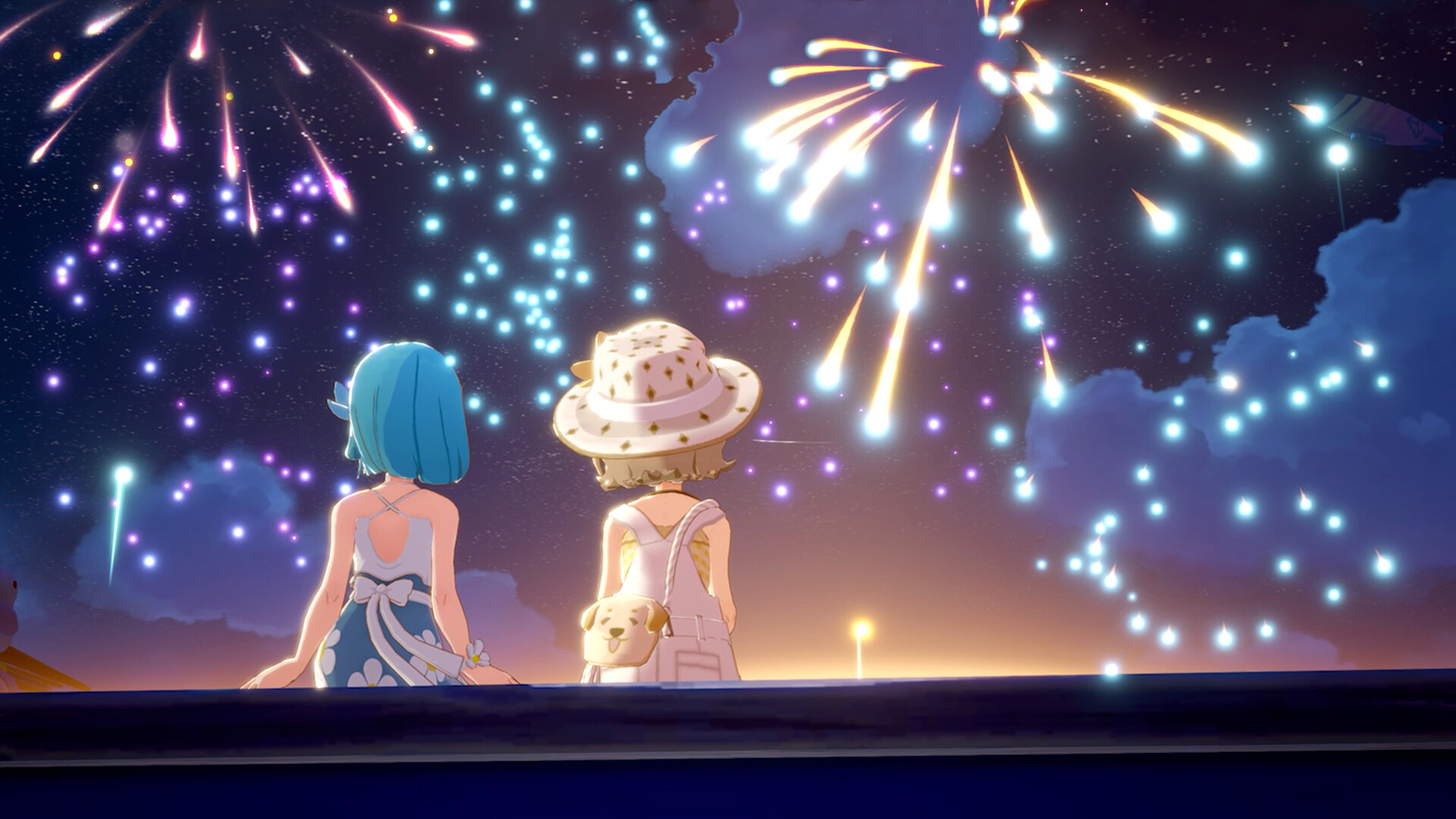 A Starsand Island screenshot showing two characters sitting next to each other watching fireworks as the sun sets