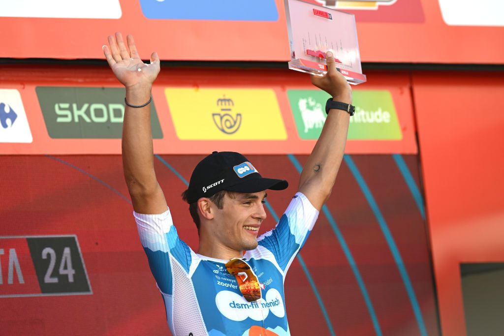 SEVILLE SPAIN AUGUST 21 Pavel Bittner of Czech Republic and Team dsmFirmenich PostNL celebrates at podium as stage winner during La Vuelta 79th Tour of Spain 2024 Stage 5 a 177km stage Fuente del Maestre to Seville UCIWT on August 21 2024 in Seville Spain Photo by Dario BelingheriGetty Images
