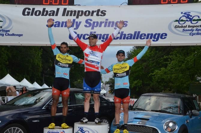 The Pro Men's podium: 2nd- Frank Travieso (Smartstop-Mountain Khakis), 1st-Karl Menzies (United Health Care), 3rd-Thomas Brown (Smartstop-Mountain Khakis)