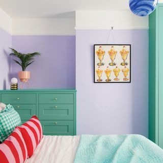 Pruple bedroom with jade painted furniture