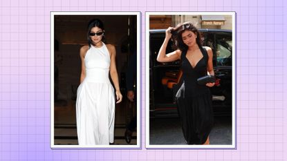 Kylie Jenner outfits: Kylie wearing a white, pleated dress, a black halter neck pleated dress in a purple, template