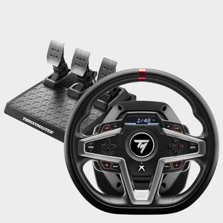 Thrustmaster T248 and its pedals on a grey background