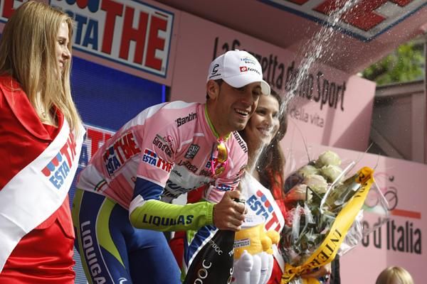 Vincenzo Nibali (Liquigas-Doimo) opens champagne to celebrate the stage and race.