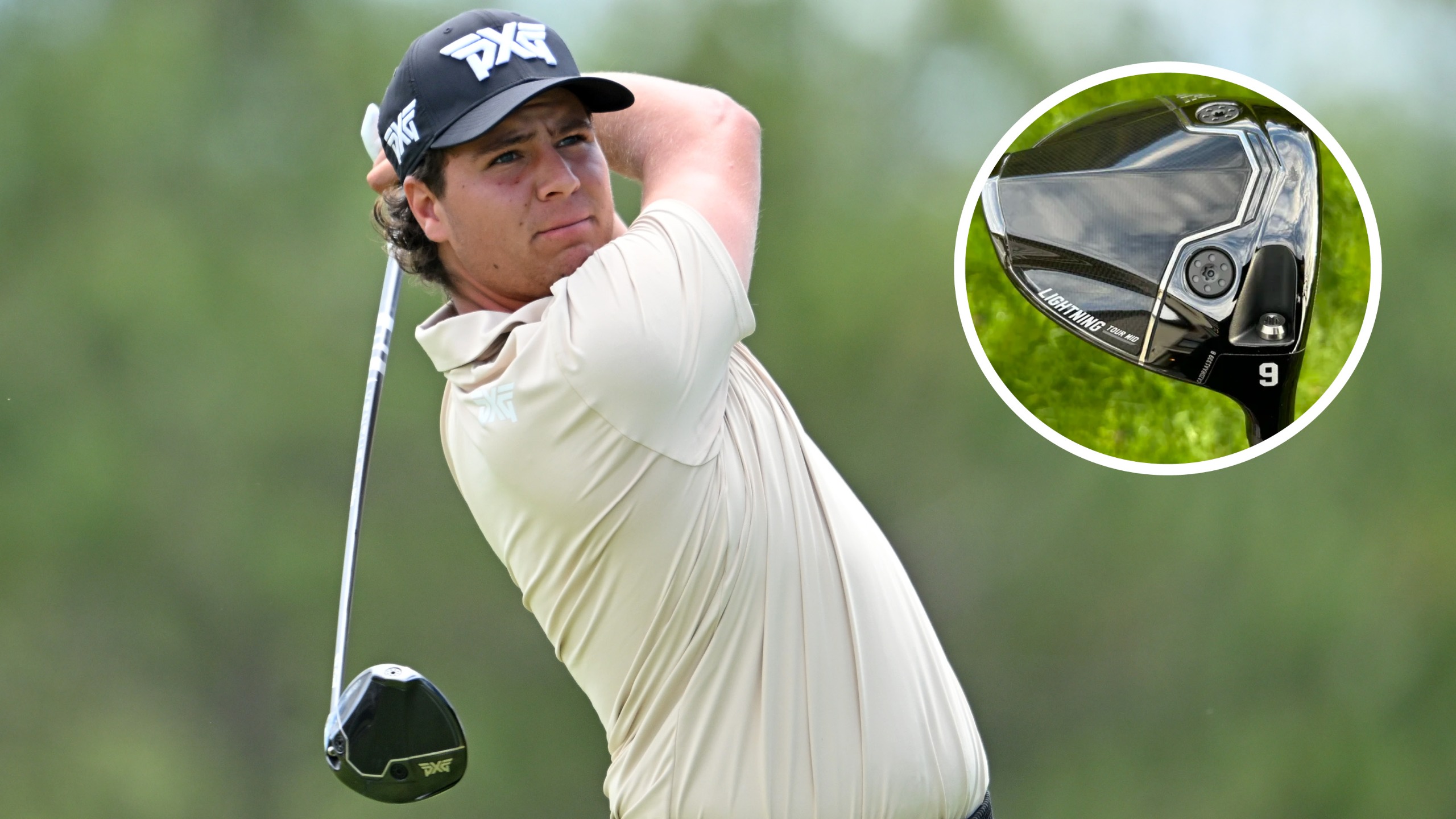 Aldrich Potgieter hits a driver, with a close-up of the club in a circle
