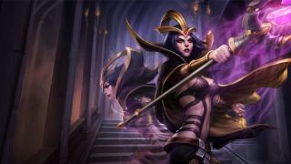 A screenshot of League of Legends champion LeBlanc casting a spell with her staff