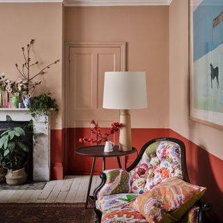 Farrow & Ball Bamboozle and Templeton Pink on walls in living room with fireplace and red sofa