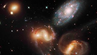 A galaxy grouping called Stephan’s Quintet, which contains an imposter galaxy that is actually much closer to Earth than the others.