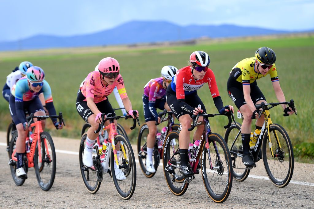 ZARAGOZA SPAIN MAY 01 LR Kristen Faulkner of The United States and Team EF EducationCannondale and Demi Vollering of The Netherlands and Team SD Worx Protime and Riejanne Markus of The Netherlands and Team Visma Lease a Bike compete in the breakaway during the 10th La Vuelta Femenina 2024 Stage 4 a 1423km stage from Molina de Aragon to Zaragoza UCIWWT on May 01 2024 in Zaragoza Spain Photo by Alex BroadwayGetty Images