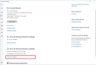 Microsoft Defender check for updates option