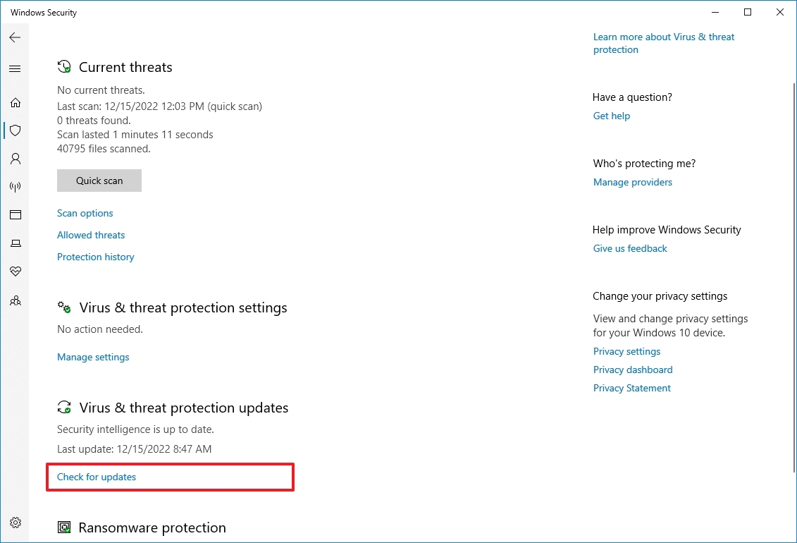 Microsoft Defender check for updates option