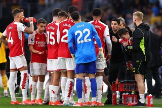 Arsenal manager Mikel Arteta gives instructions to his players during the Gunners' win at Wolves in the Premier League in April 2024.