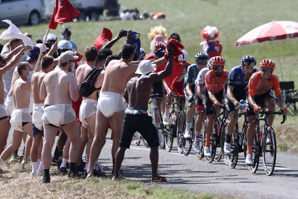 Escapees climb the Selle Fromentel ascent during the 15th stage of the 107th edition of the Tour de France cycling race 175 km between Lyon and Grand Colombier on September 13 2020 Photo by KENZO TRIBOUILLARD AFP Photo by KENZO TRIBOUILLARDAFP via Getty Images