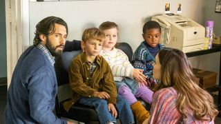 This Is Us season 6 episode 3 photo featuring Milo Ventimiglia as Jack, Kaz Womack as Kevin, Isabella Rose Landau as Kate, Ca’Ron Jaden Coleman as Randall, Mandy Moore as Rebecca