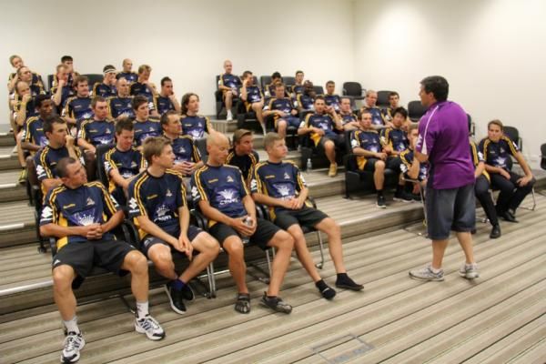 GreenEdge get a rugby league run down before a shared training session in Melbourne