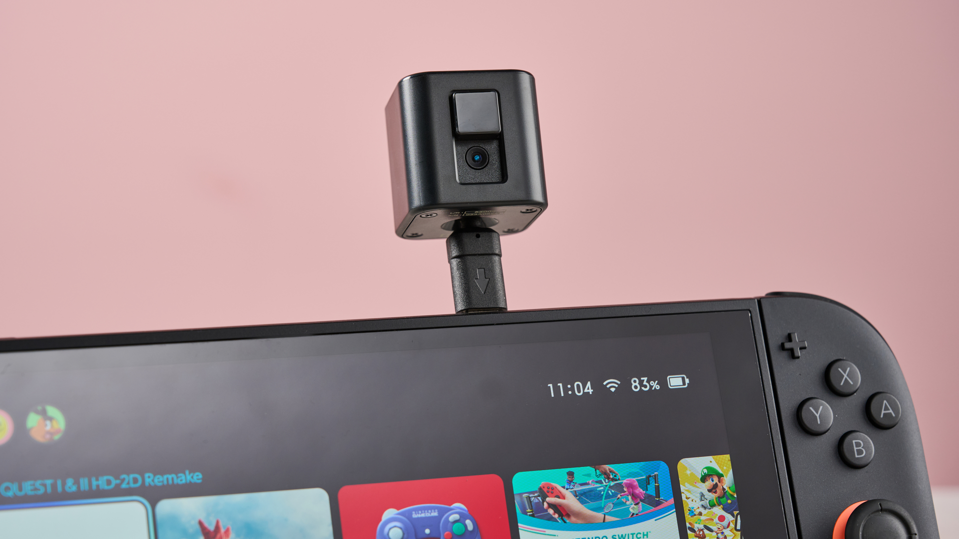 Hori USB Camera for Nintendo Switch 2 plugged into top of Switch 2 console