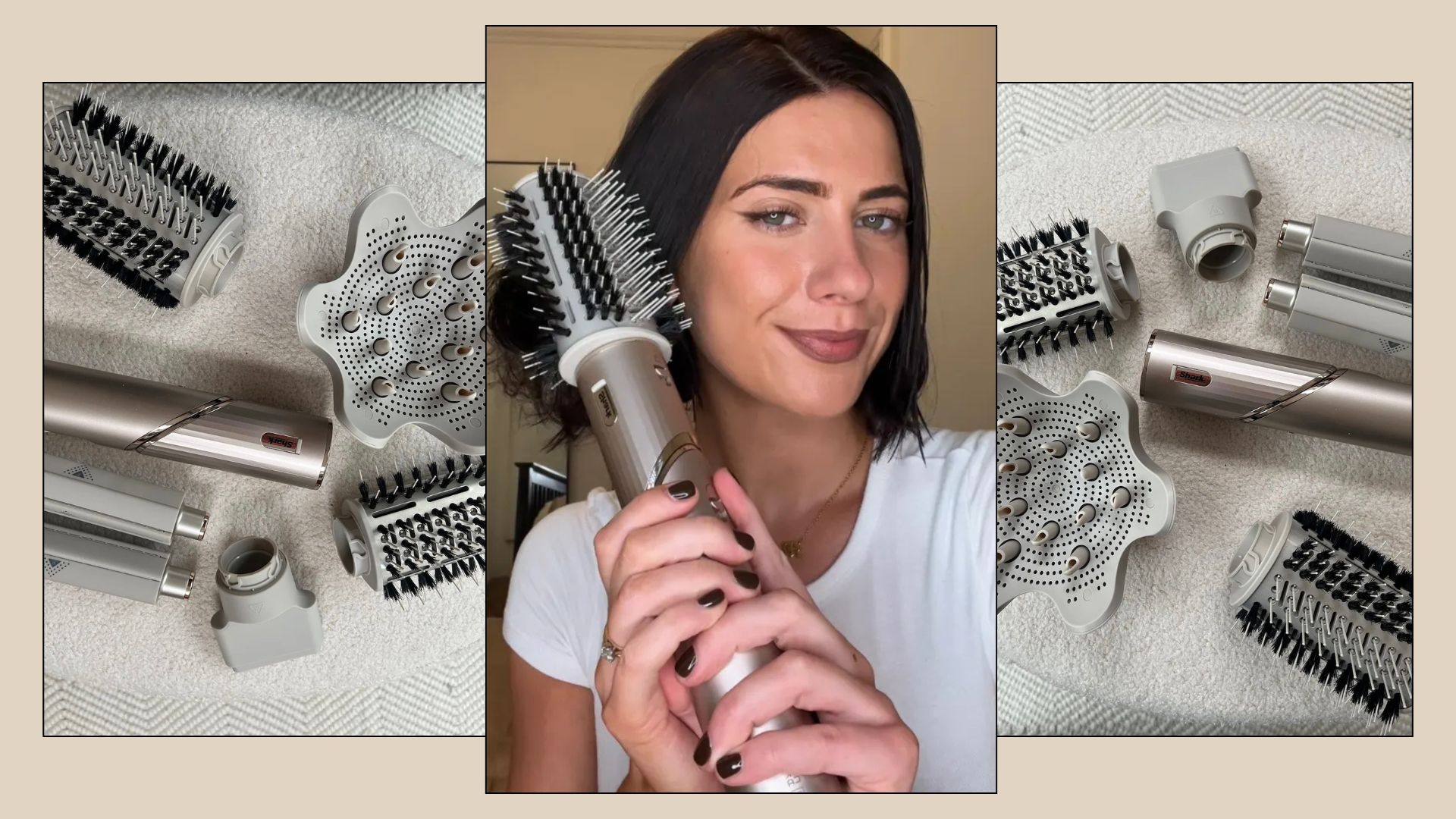 A collage with beauty contributor Mollie testing the Shark Flexstyle hair tool