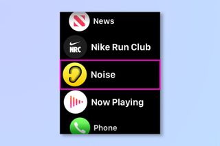 A screenshot of an Apple Watch showing how to access the built-in decibel meter