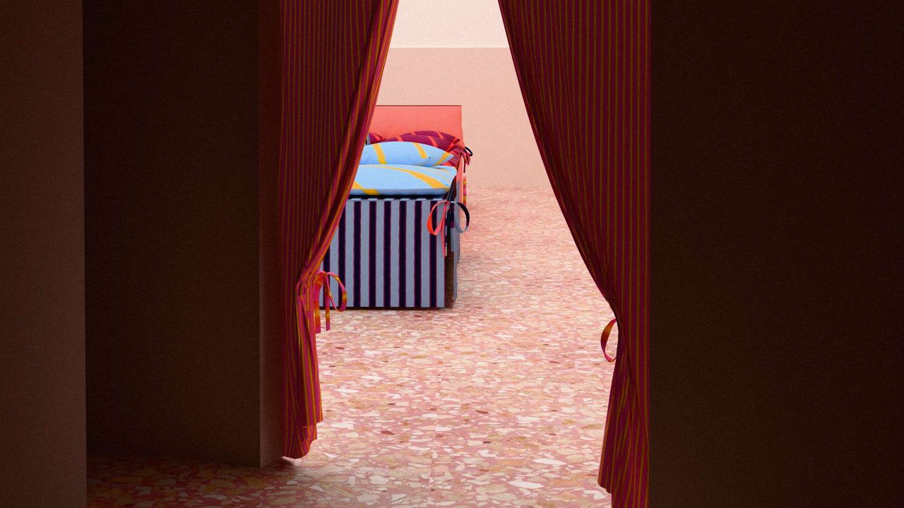colourful bed seen through curtains