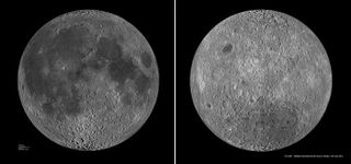 The moon's near side (left) is covered with dark splotches of lunar maria that look like a man's face when seen from Earth. The moon's far side (right), with its many craters and elevated topography, looks quite different.