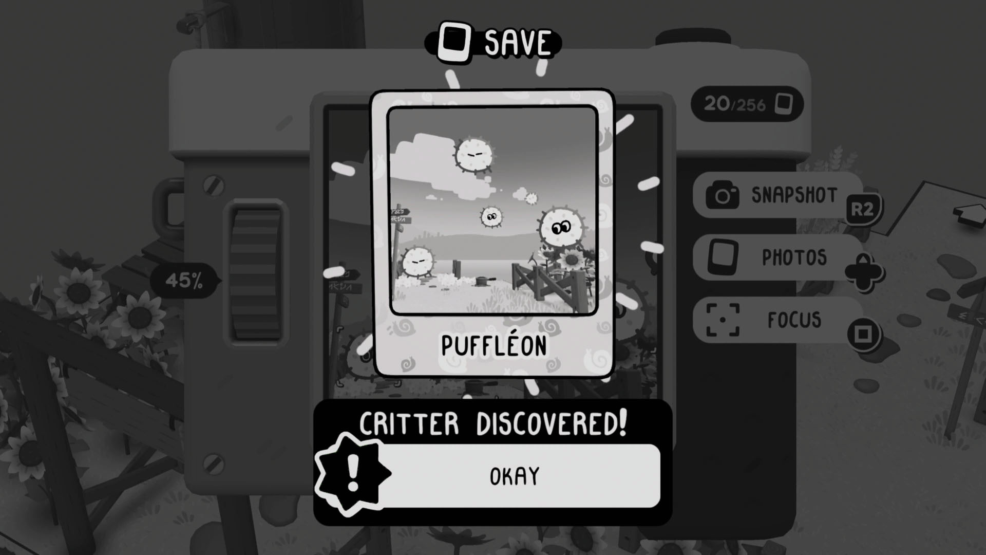 A photograph of a Puffleon in Toem 2, with the 'critter discovered' text