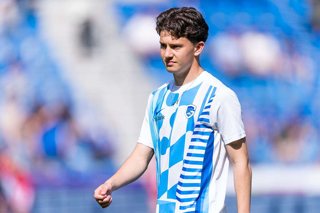 Konstantinos Karetsas of KRC Genk prior to the Jupiler Pro League Championship Play Offs match between KRC Genk and Royal Antwerp FC at Cegeka Arena on April 27, 2025 in Genk, Belgium.