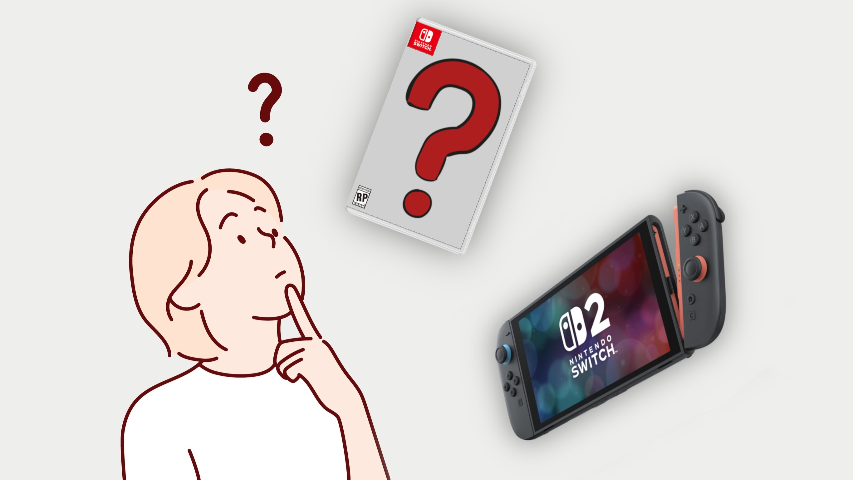 Artwork of a person looking thoughtfully at a Nintendo Switch 2 and a mystery game.