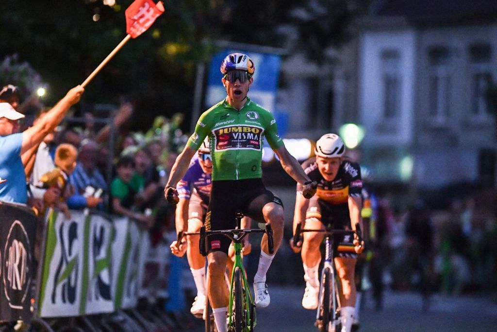 Belgian Wout Van Aert of Team JumboVisma celebrates as he crosses the finish line to win the Natourcriterium Herentals cycling race Thursday 28 July 2022 in Herentals The contest is a part of the traditional criteriums local races in which mainly cyclists who rode the Tour de France compete BELGA PHOTO LUC CLAESSEN Photo by LUC CLAESSEN BELGA MAG Belga via AFP Photo by LUC CLAESSENBELGA MAGAFP via Getty Images