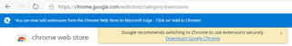 The warning Edge users get when they try to install extensions from the Chrome Web Store.