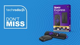 Roku Express HD streaming stick on blue background with don't miss TechRadar sign