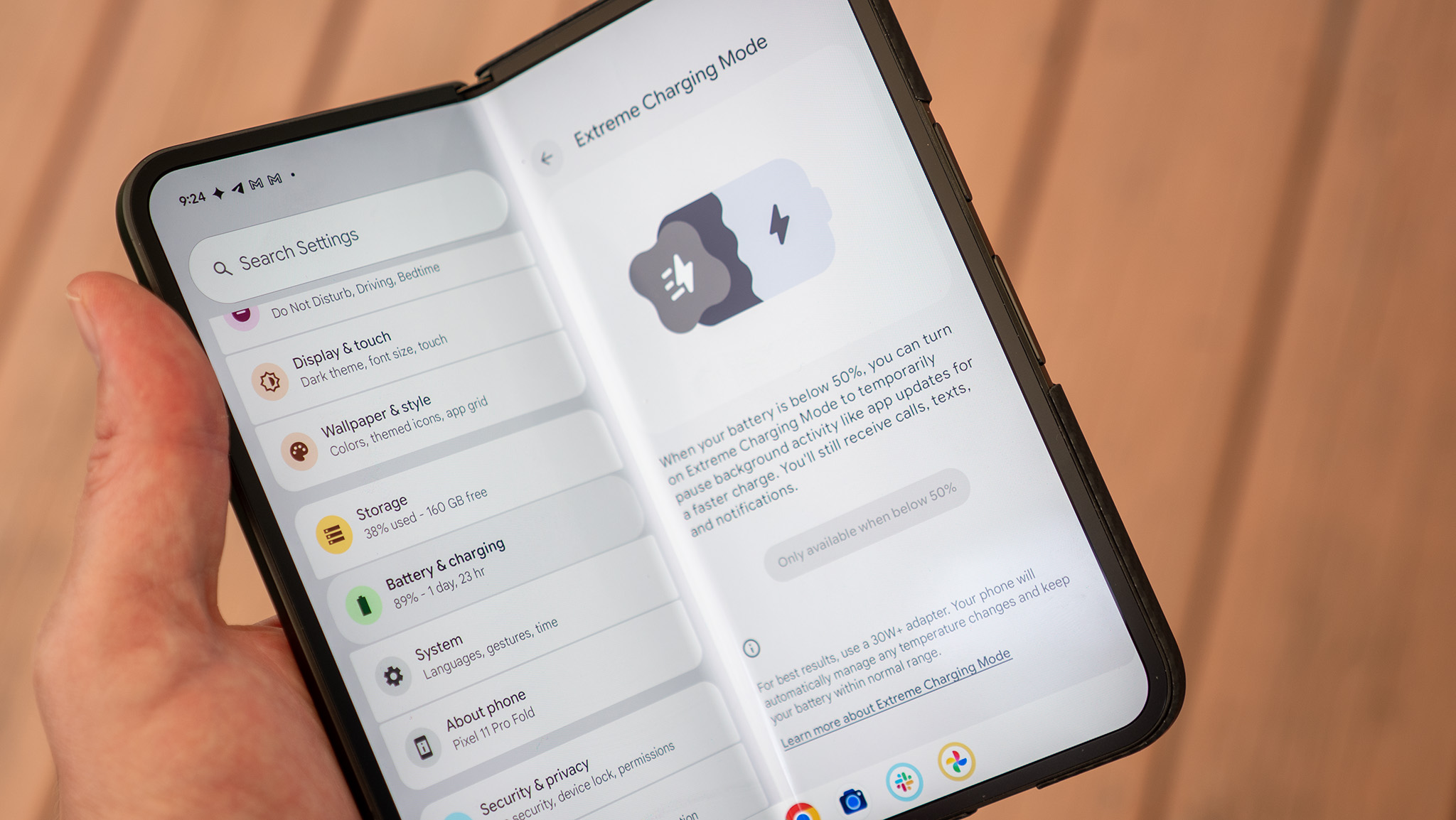 The Extreme Charging settings screen on the Google Pixel 11 Pro Fold
