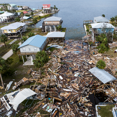 An aerial view of damaged houses are seen after Hurricane Helene made landfall in Horseshoe Beach, Florida, on September 28, 2024. 