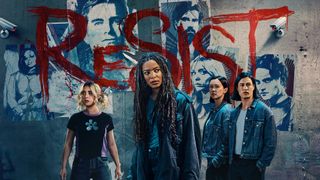 The cast of Gen V season 2 on a graffiti wall saying "resist".