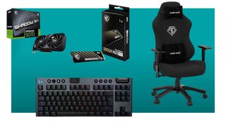 Logitech G915X keyboard, Anda Seat gaming chair, MSI RTX 5070, and MSI SSD on a blue background