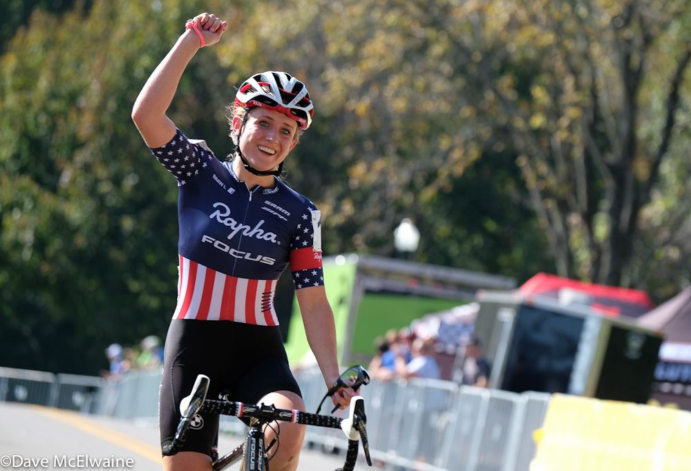 Ellen Noble (Aspire Racing) taking the win at Devou Park