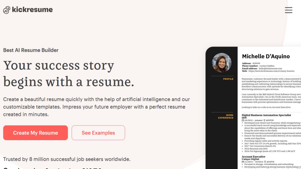 KickResume website screenshot (December 2025).