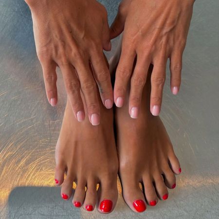 Pink and red mani pedi.