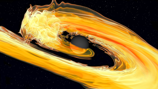 An artist's depiction of a merging black hole and neutron star displaying tidal disruption.