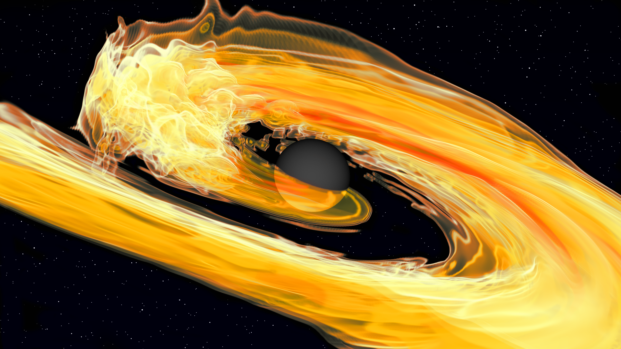 Representación de un artista de la fusión de un agujero negro y una estrella de neutrones que muestra la interrupción de las mareas.