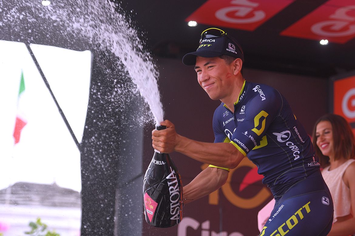 Caleb Ewan (Orica-Scott) lets rip with the spumante