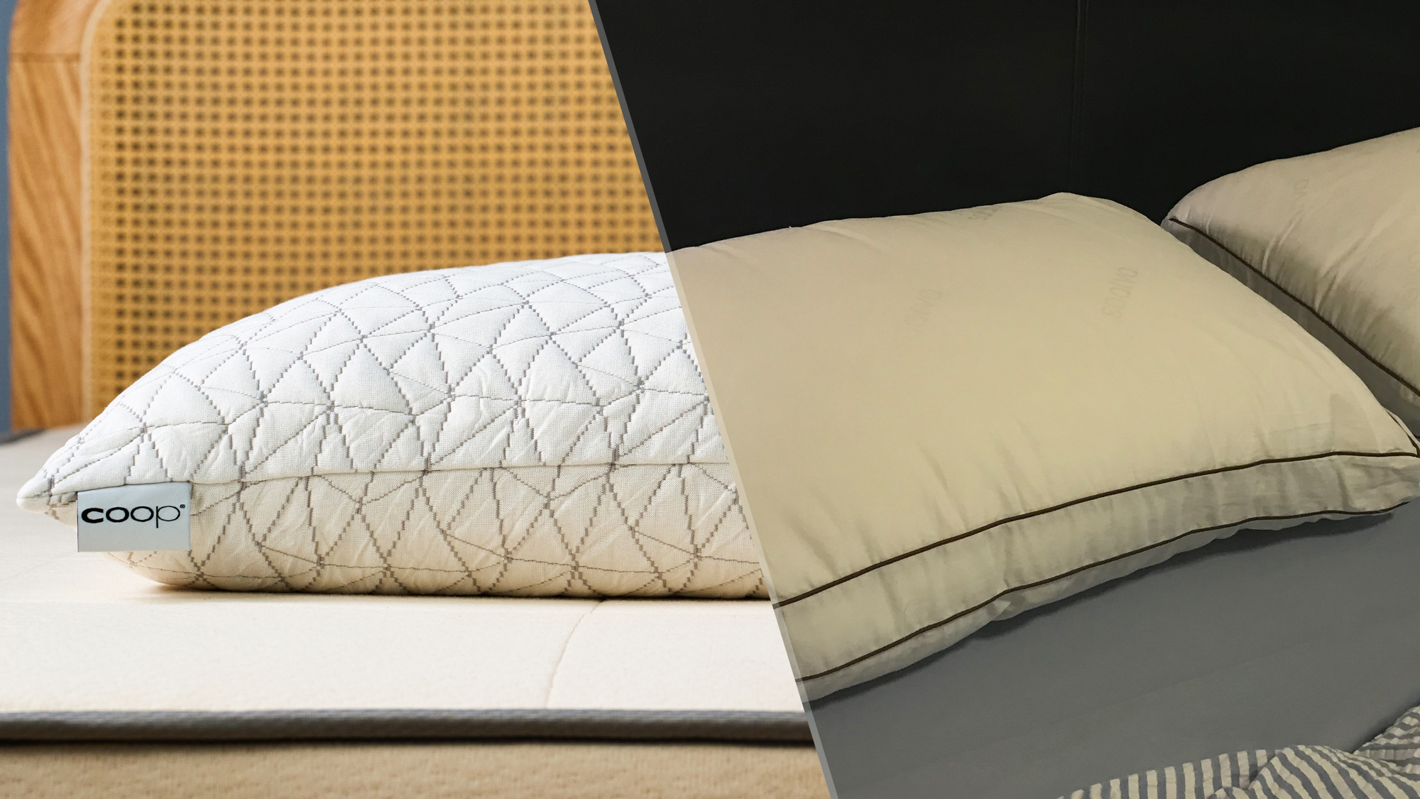 On the left, a close up of the Coop Sleep Goods Original Adjustable Pillow on a bed in our Sleep Lab. Right, a close up of the Saatva Latex pillow in tester Terri Williams's bedroom