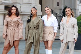 Little Mix seen leaving the Langham Hotel ahead of their performance of BBC Radio One Live Lounge on September 15, 2020 in London, England