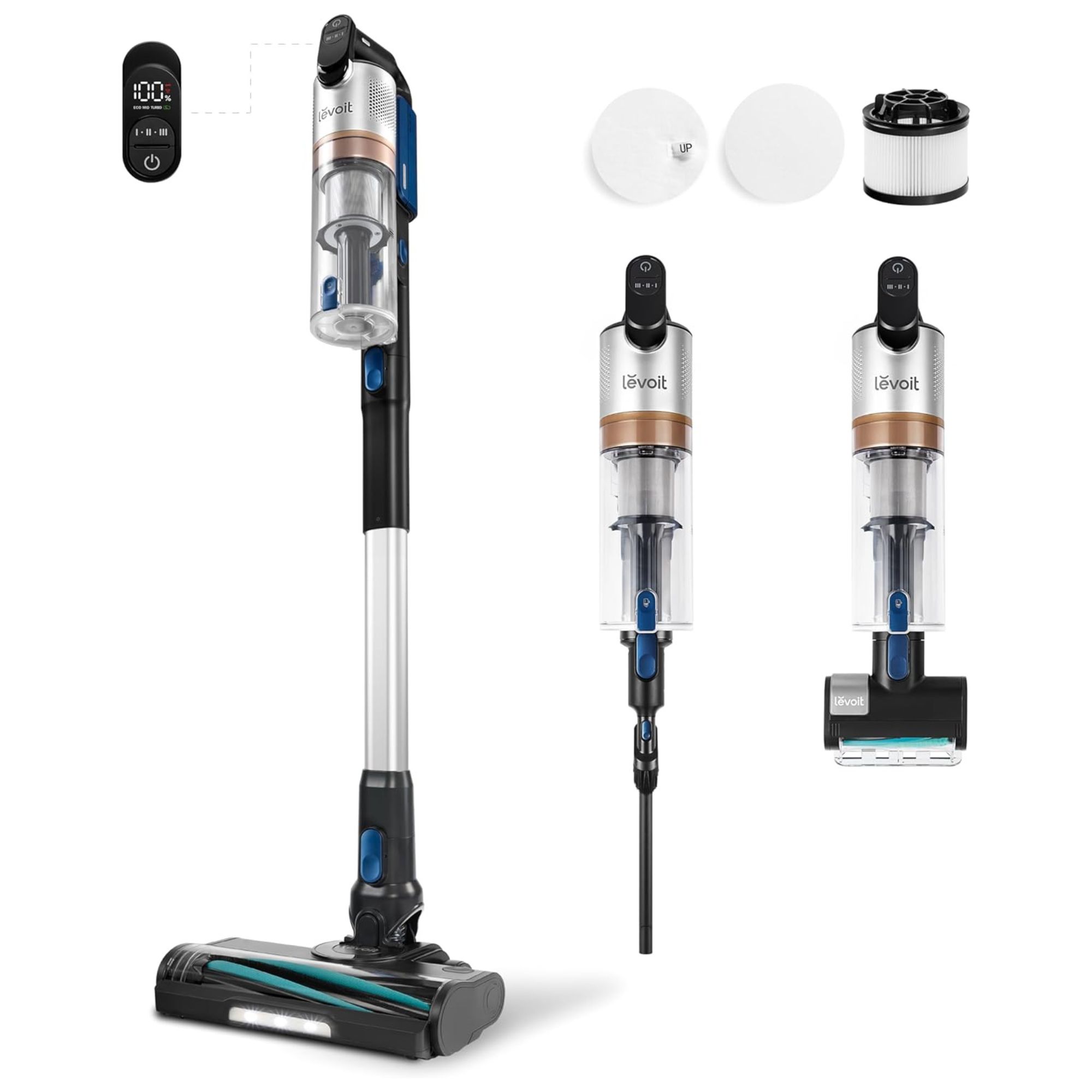 Levoit LVAC-300 in three configurations with different attachments on white background. Also pictured are three filters and a close-up graphic of the vacuum control screen.