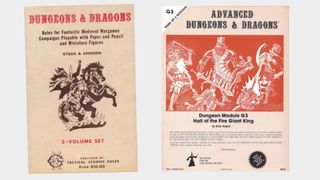 Early Dungeons & Dragons books, showing a horse-riding warrior and an adventure module displaying art of Fire Giants battling adventurers