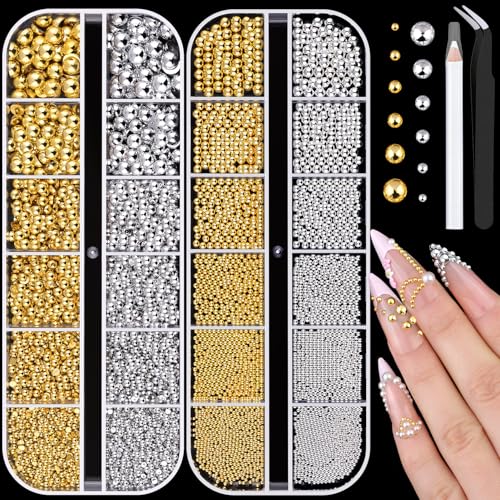 Flatback Pearls and Metal Nail Beads for Nail Art (silver+gold), Luxurious Pearl Nail Charms and Small Round Caviar Beads Nail Accessories for Acrylic Nail Tips Manicure Decor
