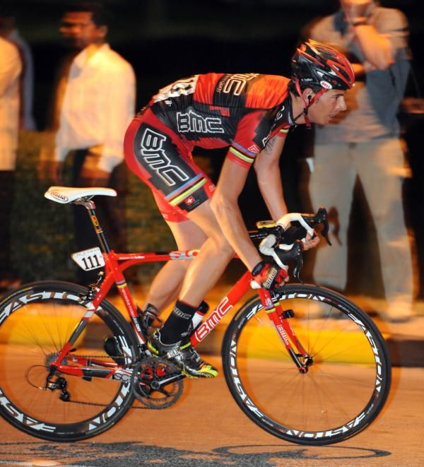 Alessandro Ballan out of the saddle in his first race for his new team BMC