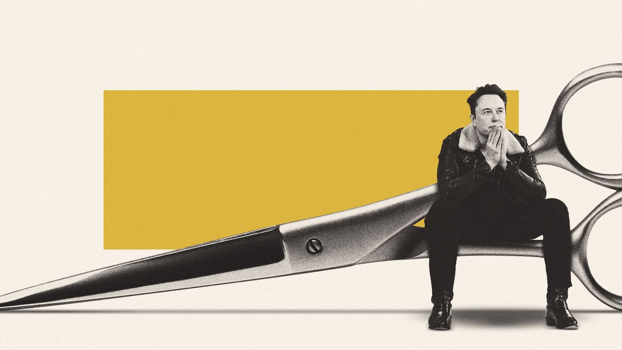 Illustration of Elon Musk sitting on an oversized pair of scissors