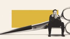 Illustration of Elon Musk sitting on an oversized pair of scissors